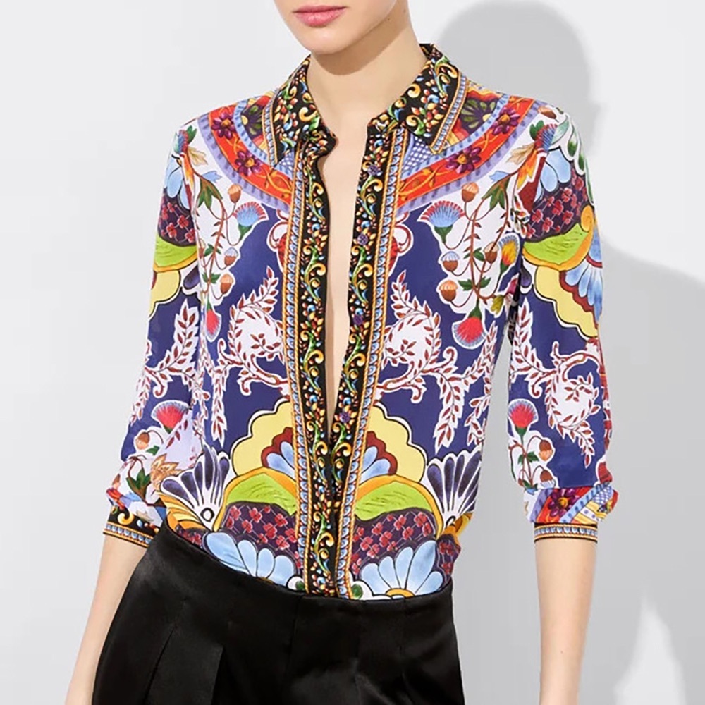 Alice + Olivia Willa On The Road Print Shirt Blouse Silk Colorful Floral XS